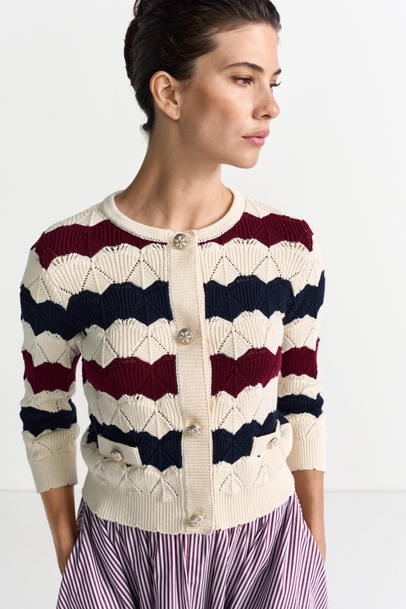 Gestreifte Ajour-Strickjacke-Rich & Royal