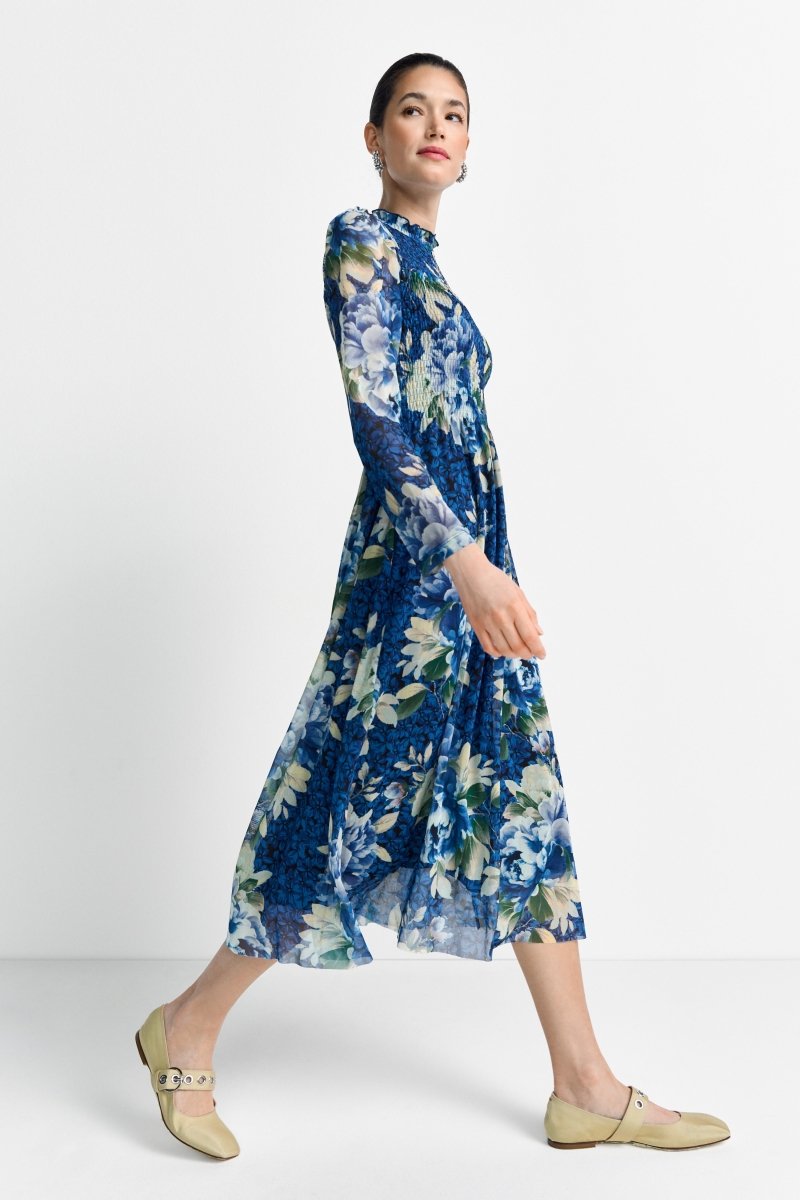 Smocked midi dress with ruffled collar
