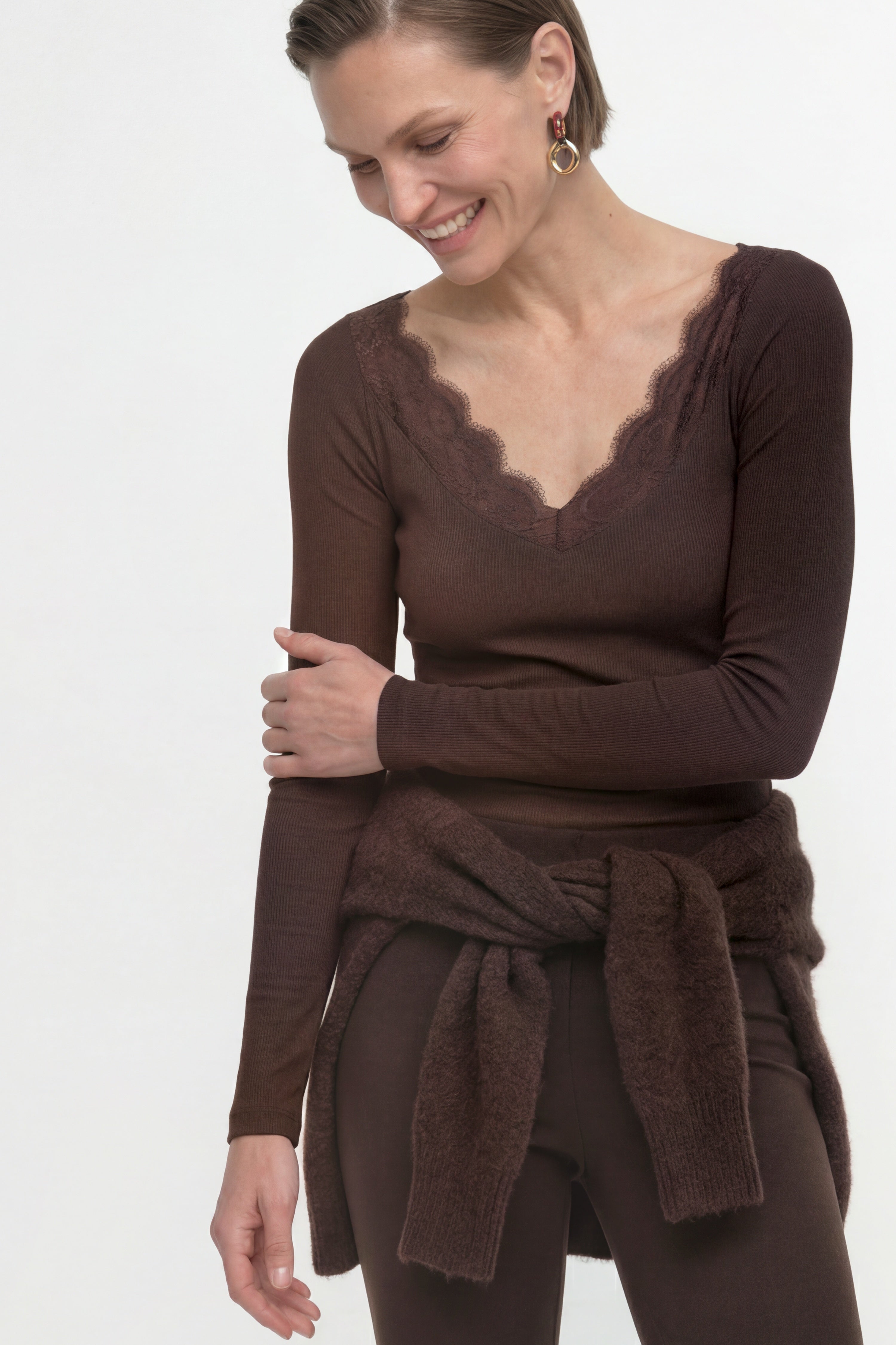 Baumwoll-Longsleeve mit Spitzenausschnitt-Rich & Royal